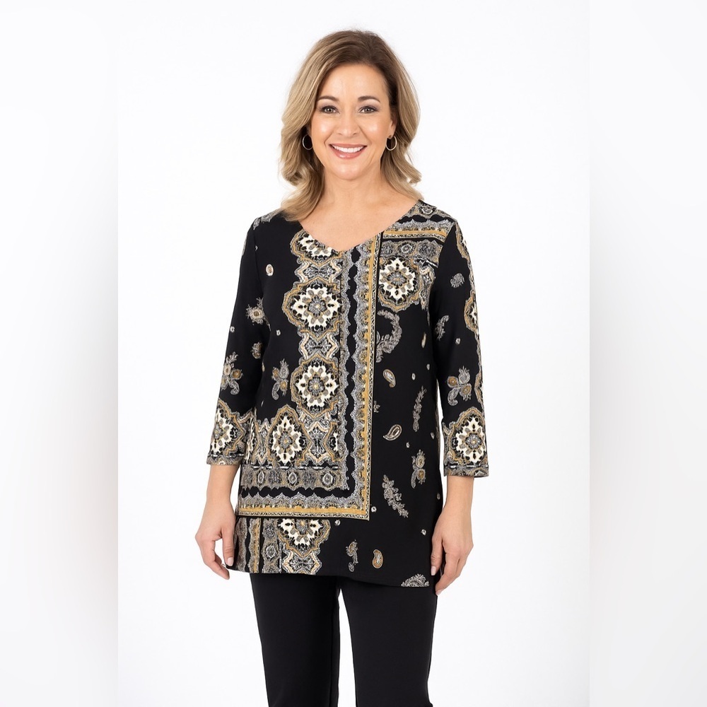 Chicos Womens Top V-neck 3/4 Sleeve Paisley Large Yellow Black Rayon Stretch